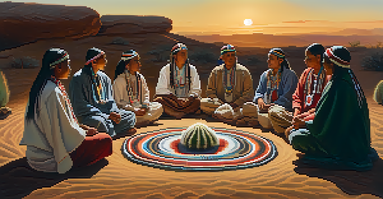 A circle of Indigenous people in a ceremonial gathering with a peyote cactus in the center, bathed in warm, soft lighting.