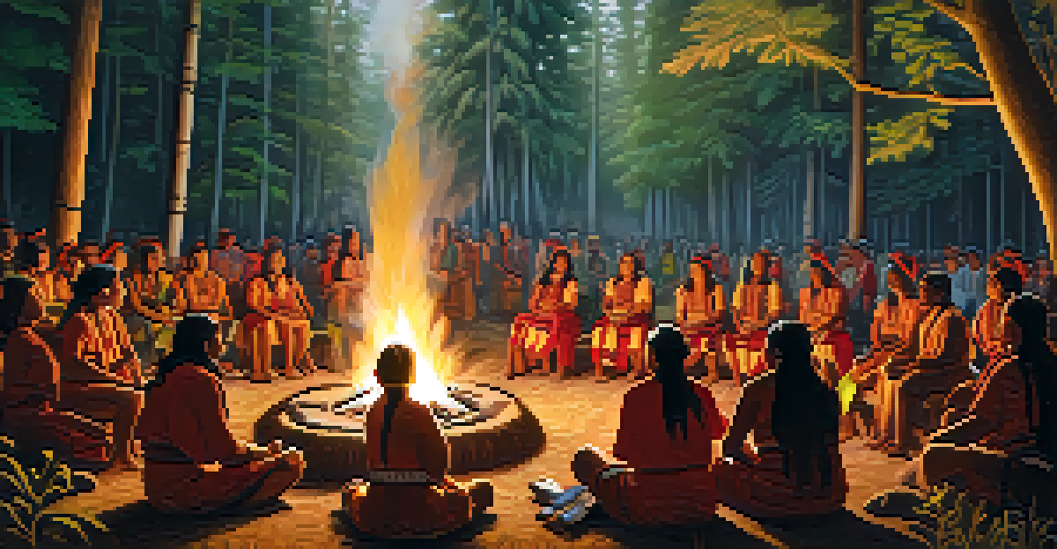 An indigenous ceremony in a forest, with people gathered around a fire, dressed in traditional attire.