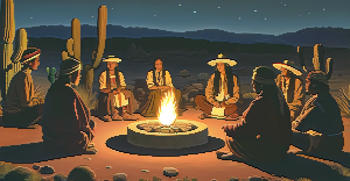 Indigenous individuals sitting in a circle around a fire during a peyote ceremony at twilight, showcasing traditional attire and a sense of community.