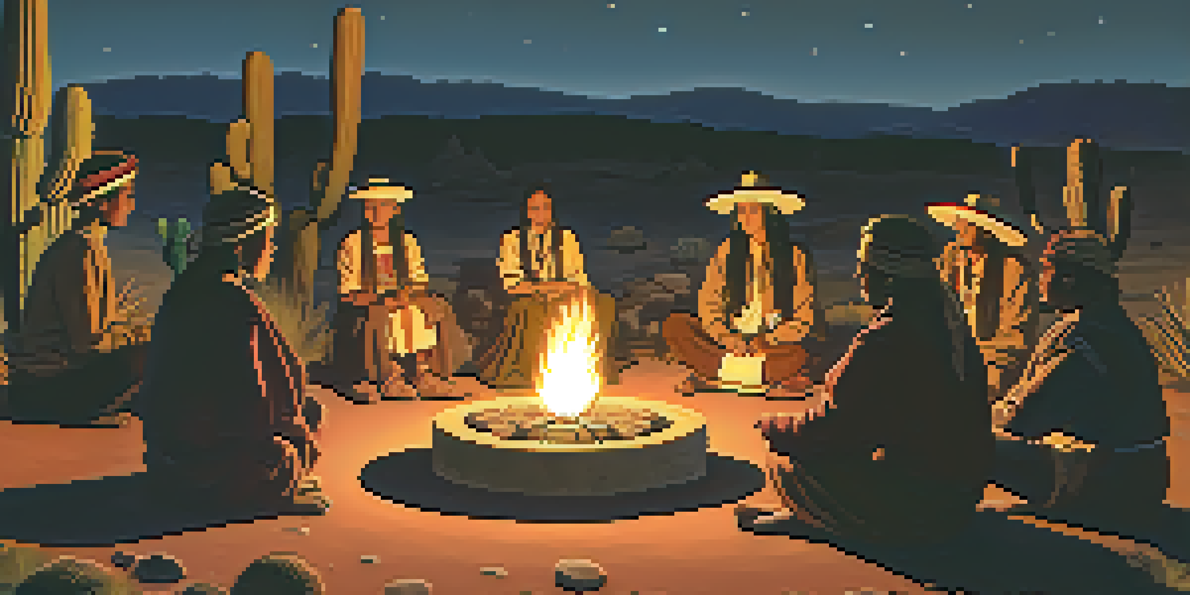 Indigenous individuals sitting in a circle around a fire during a peyote ceremony at twilight, showcasing traditional attire and a sense of community.
