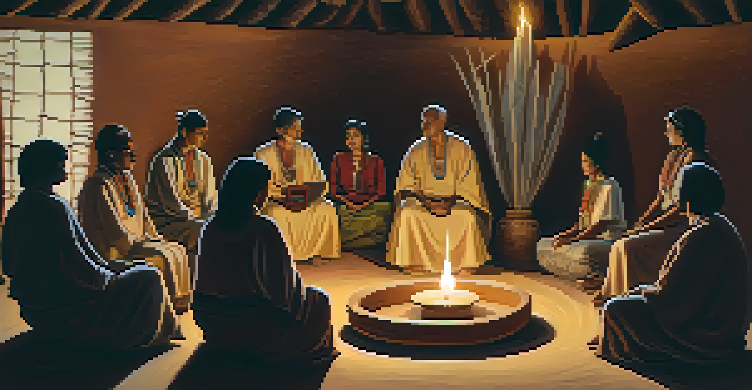 A group of people sitting in a circle during a Peyote ceremony, with candles and sacred objects on an altar.