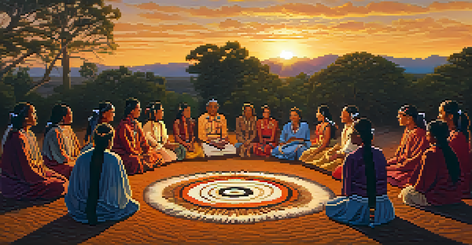 Indigenous people in traditional attire gathered for a peyote ceremony at sunset, surrounded by nature.