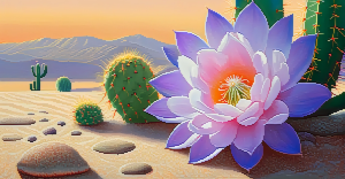 A close-up of a peyote cactus with flowers in a desert setting during sunset, showcasing its textures and colors.