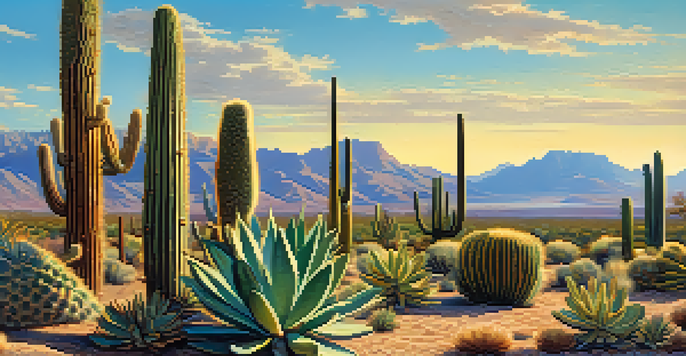 A peaceful desert scene with various cacti, including Peyote, under a clear blue sky and warm sunlight.