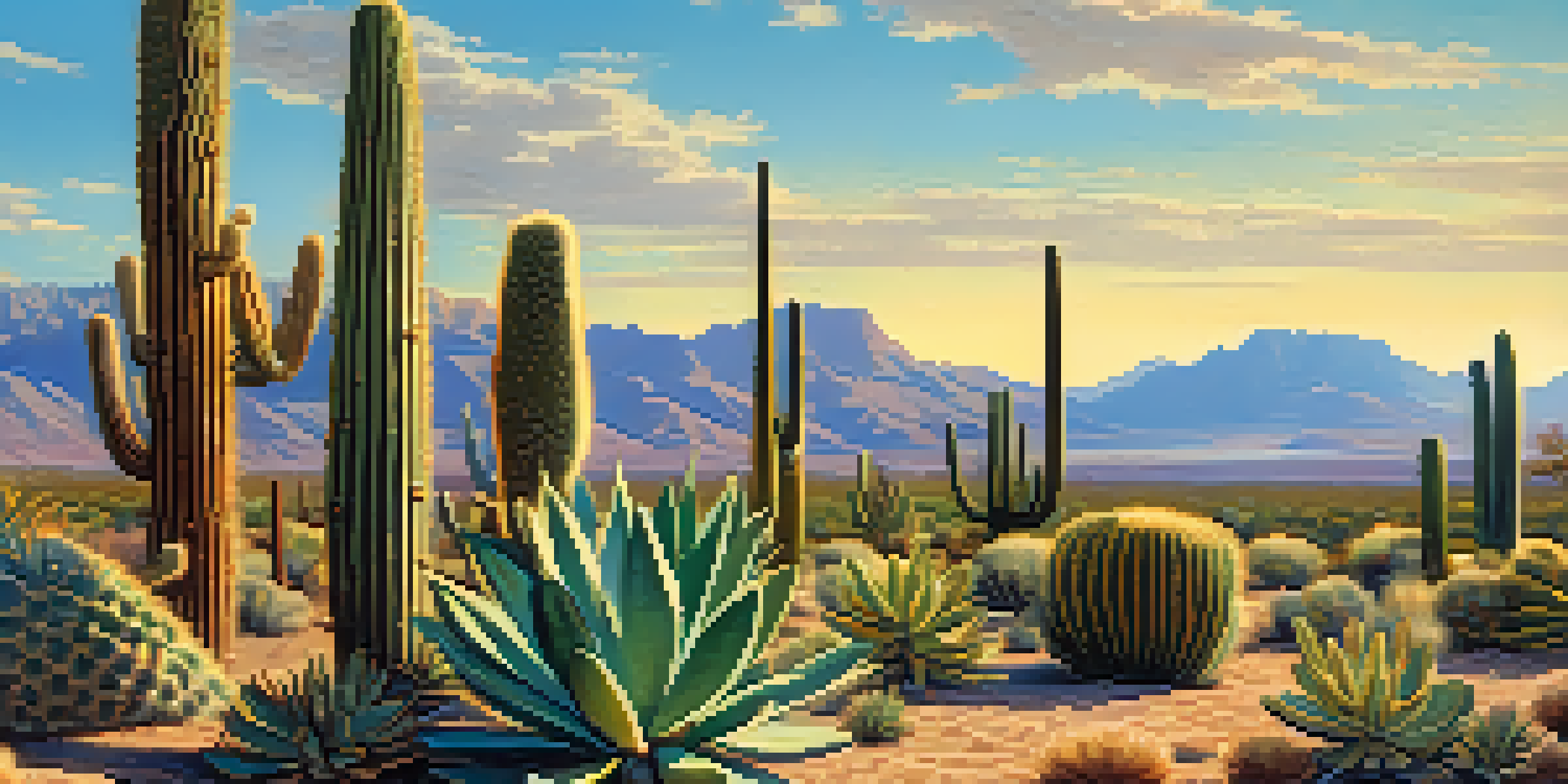 A peaceful desert scene with various cacti, including Peyote, under a clear blue sky and warm sunlight.