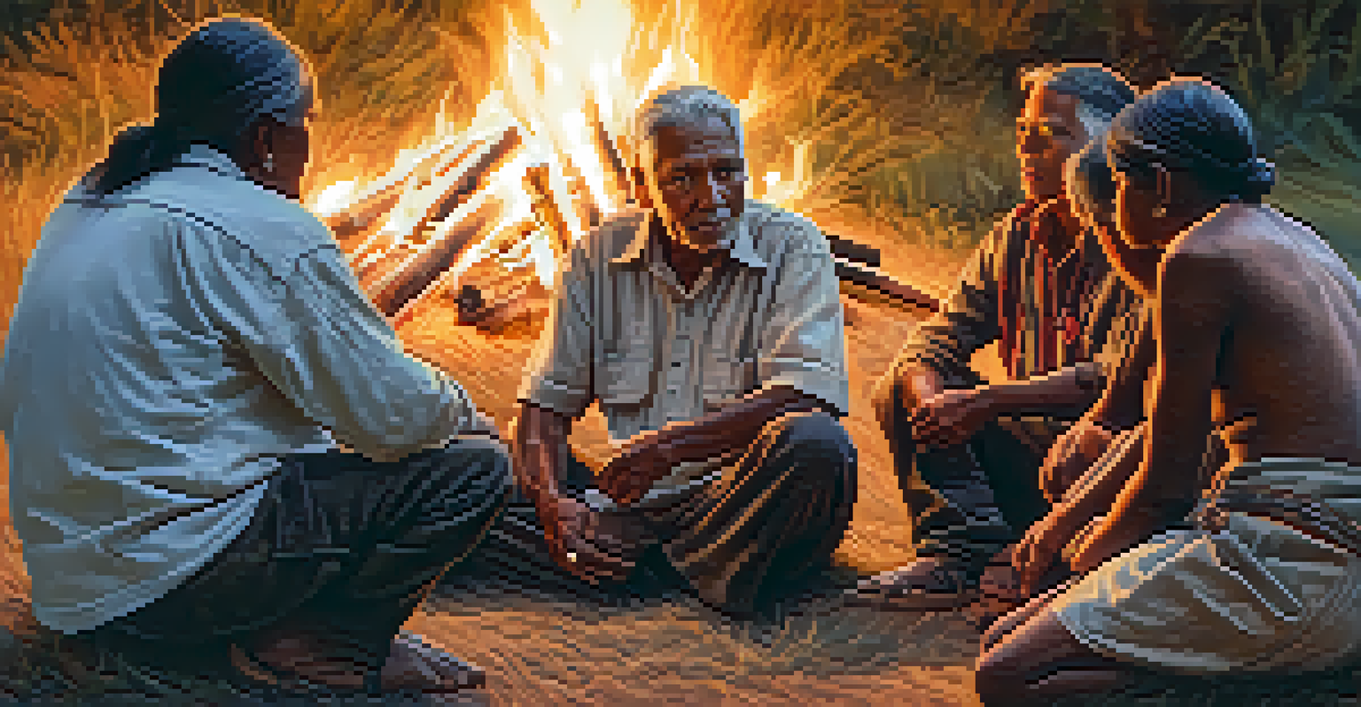 An Indigenous elder sharing stories with younger individuals around a fire in a natural setting, illuminated by warm flames.