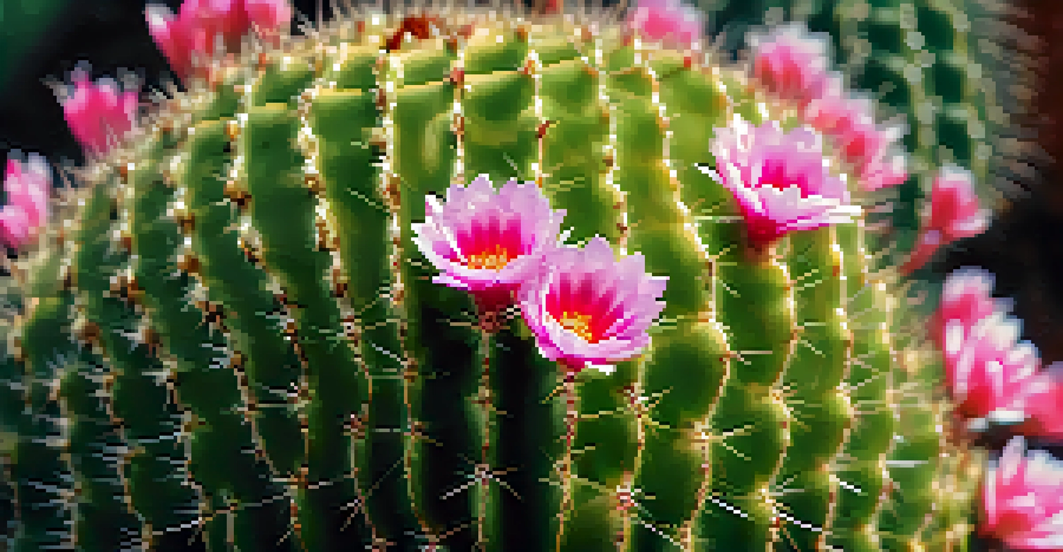 A detailed close-up of a peyote cactus with blooming flowers and water droplets.