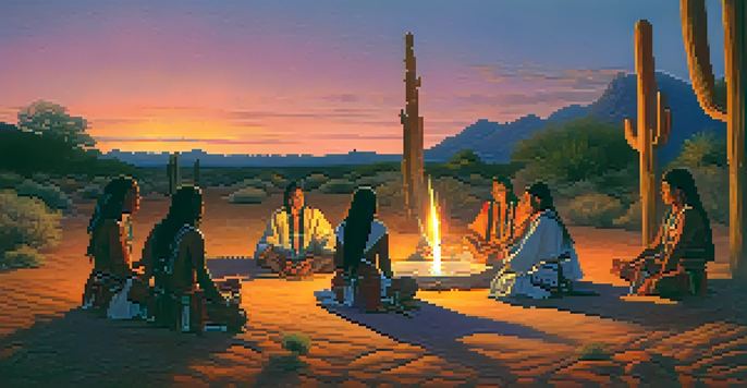 A peaceful Native American ceremony at sunset with Peyote cactus and participants in traditional attire, sharing stories around a fire.
