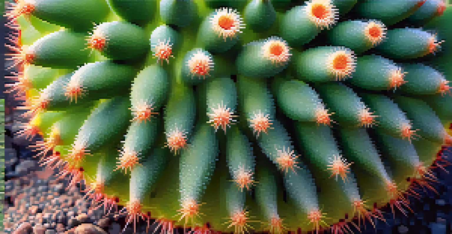 A close-up view of a peyote cactus with dew drops, captured in soft morning light.