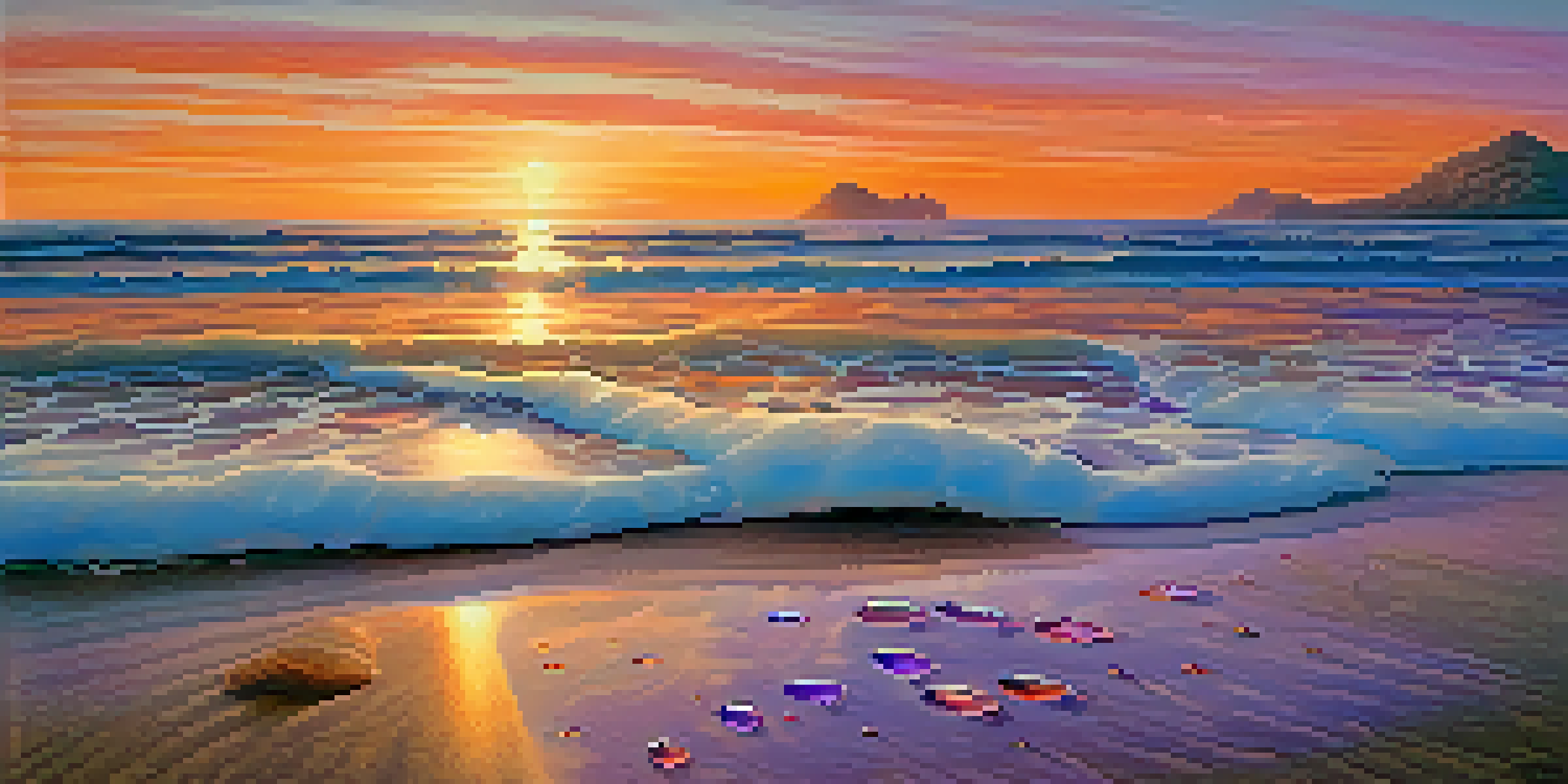 A beach at sunset with waves, colorful sky, and water drops from a shell, representing unity and interconnectedness.