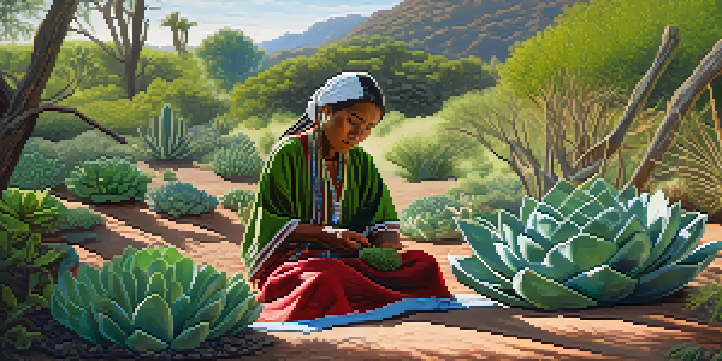 An Indigenous person in traditional attire tending to a garden of peyote plants in the morning light.