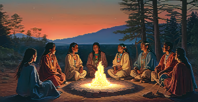 A peaceful scene of a Native American peyote ceremony at dusk, with participants around a glowing fire surrounded by nature and stars.