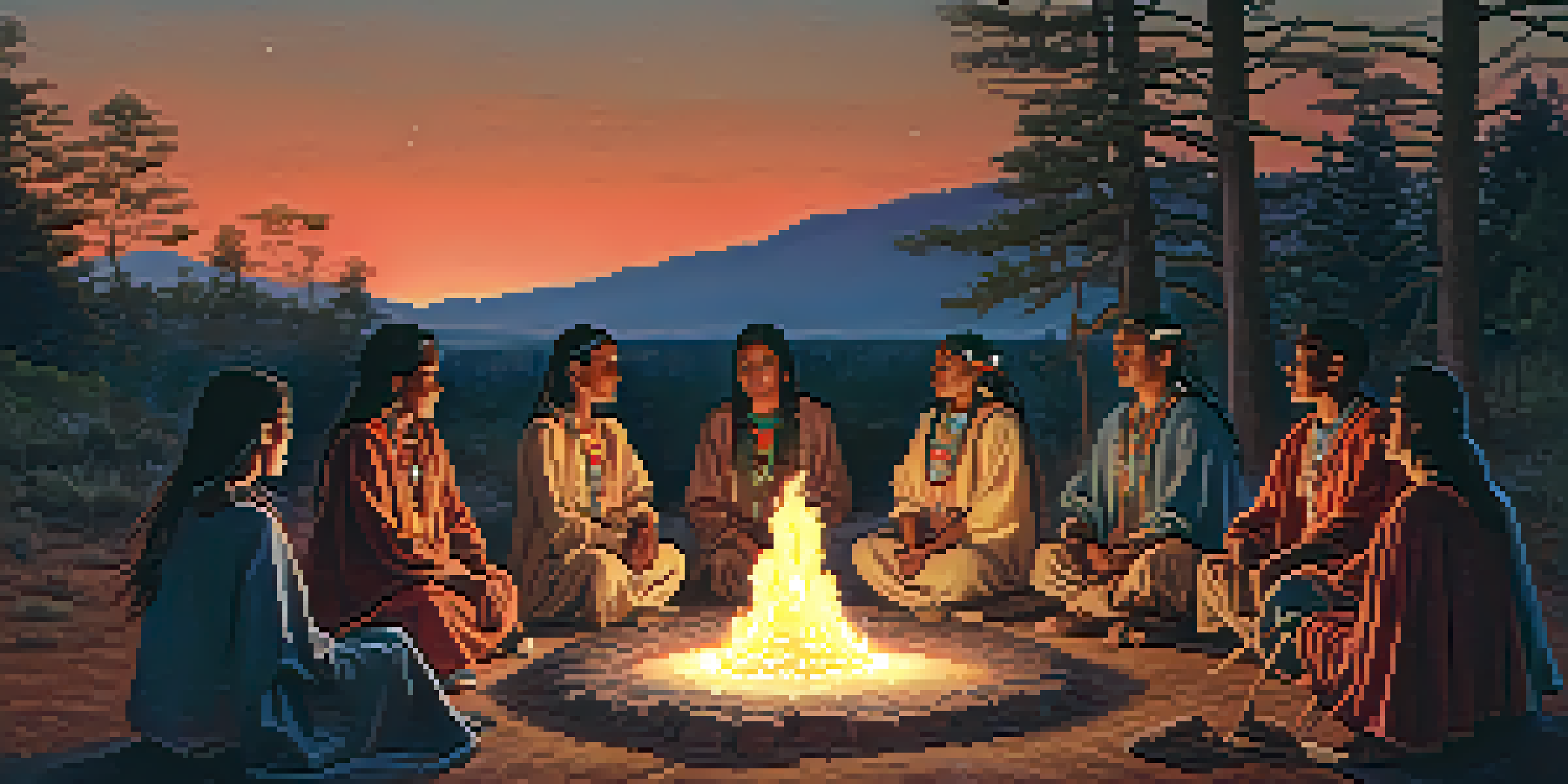A peaceful scene of a Native American peyote ceremony at dusk, with participants around a glowing fire surrounded by nature and stars.