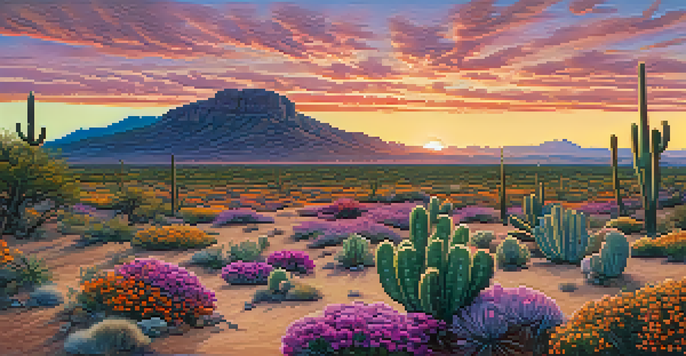 A peaceful desert landscape featuring peyote cacti and colorful wildflowers at sunset, with a vibrant sky.