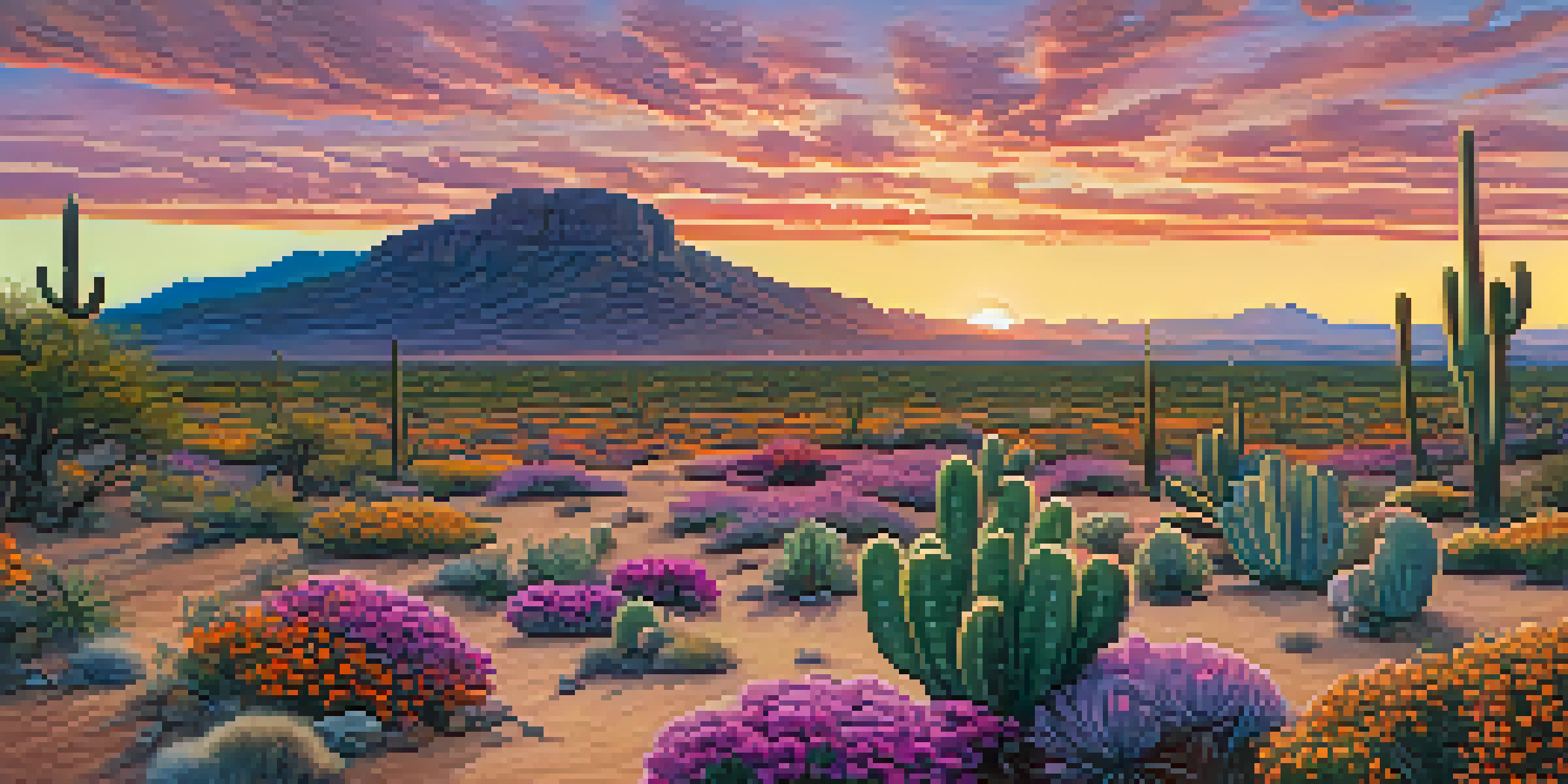 A peaceful desert landscape featuring peyote cacti and colorful wildflowers at sunset, with a vibrant sky.