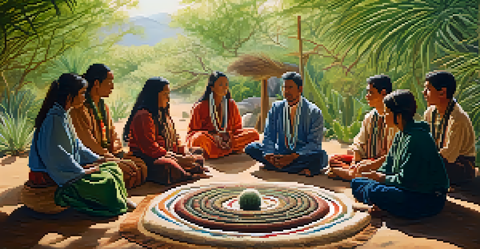 Participants in a peyote ceremony sitting in a circle, with a basket of peyote cacti and ceremonial items in the center.