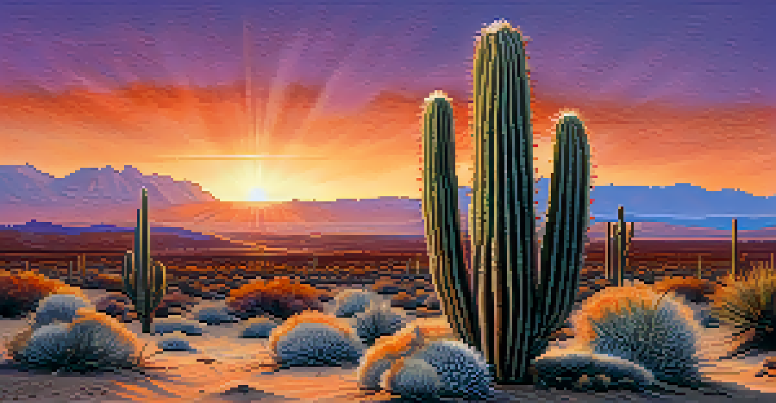 A peyote cactus in a desert during sunset with a colorful sky and sandy ground.