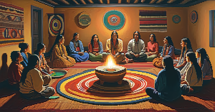 A peaceful peyote ceremony with participants sitting in a circle, illuminated by candlelight, creating a warm and inviting atmosphere.