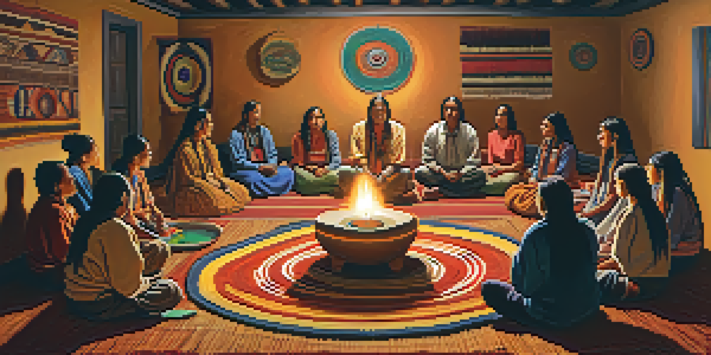 A peaceful peyote ceremony with participants sitting in a circle, illuminated by candlelight, creating a warm and inviting atmosphere.