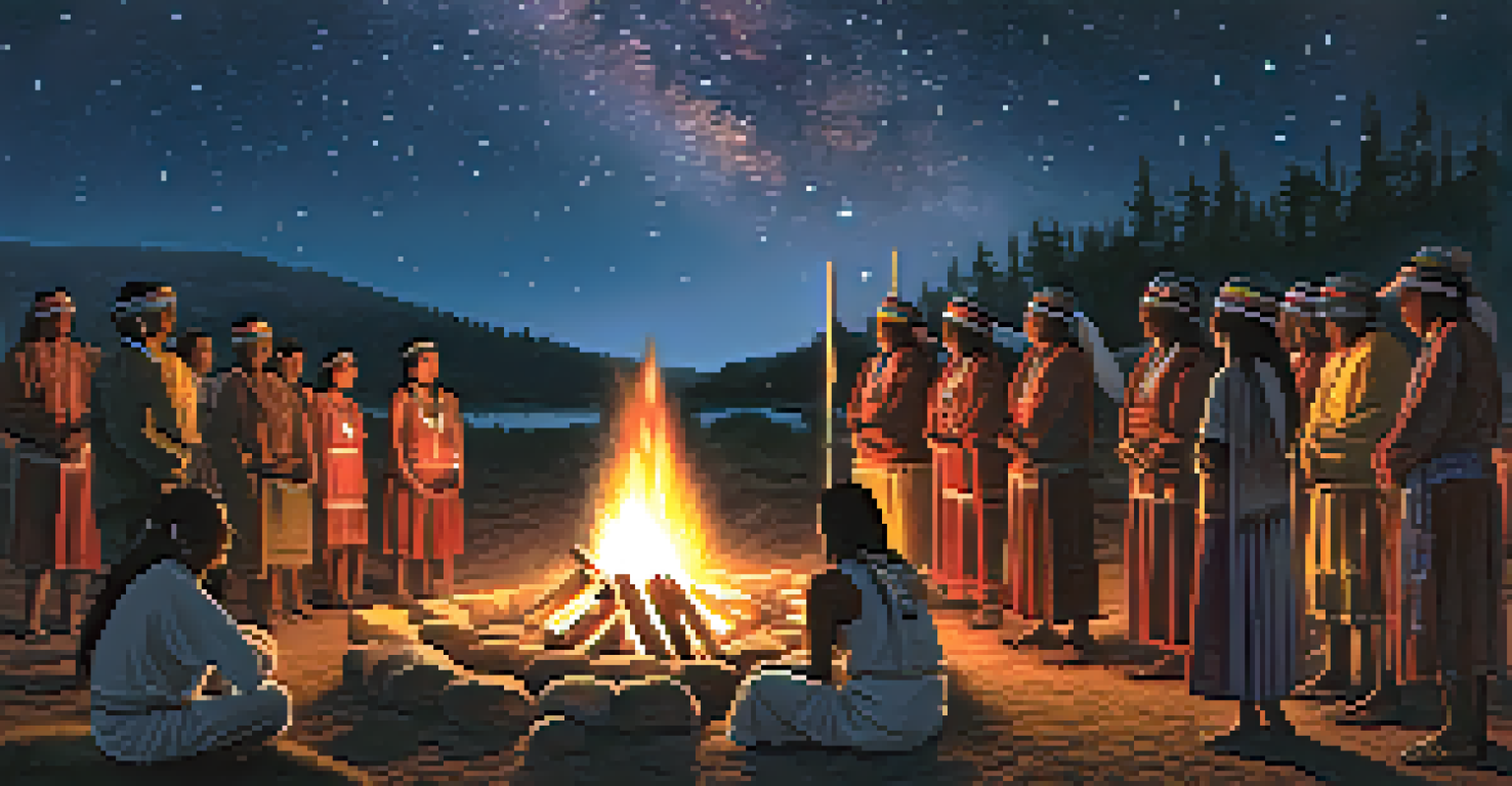 An Indigenous ceremony with people gathered around a fire under a starry sky, showcasing cultural attire.
