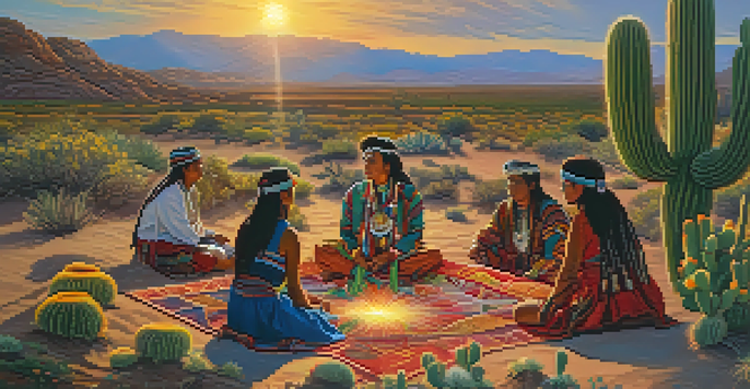 A colorful painting of a peyote cactus in a desert with wildflowers and Indigenous people in ceremonial attire.