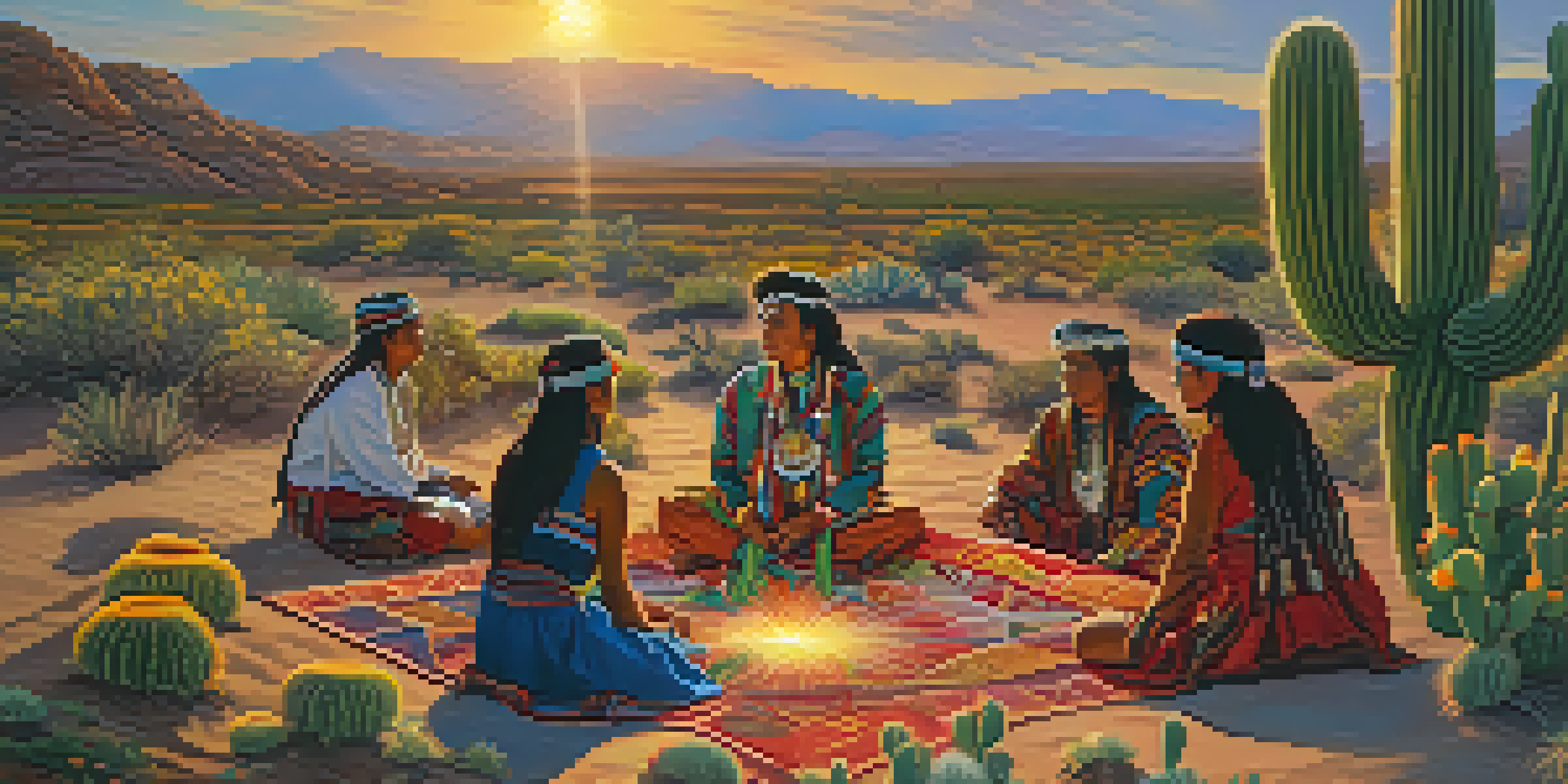 A colorful painting of a peyote cactus in a desert with wildflowers and Indigenous people in ceremonial attire.