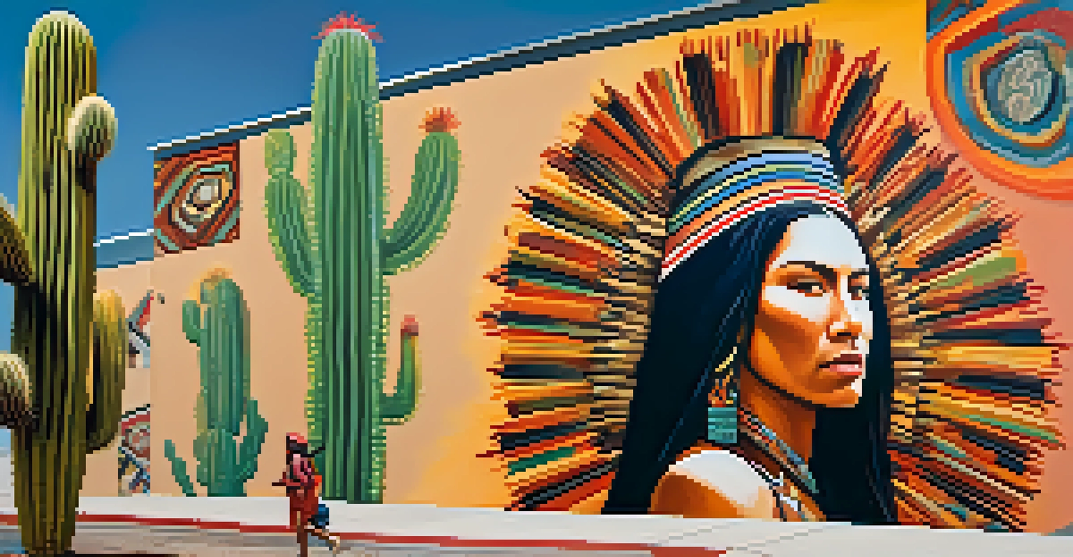 An Indigenous artist painting a mural inspired by peyote, with bold colors and traditional symbols.
