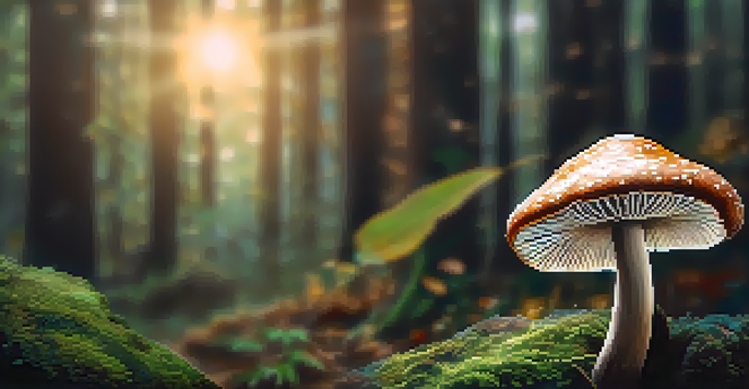A detailed close-up of a hand holding a psilocybin mushroom in a forest setting.