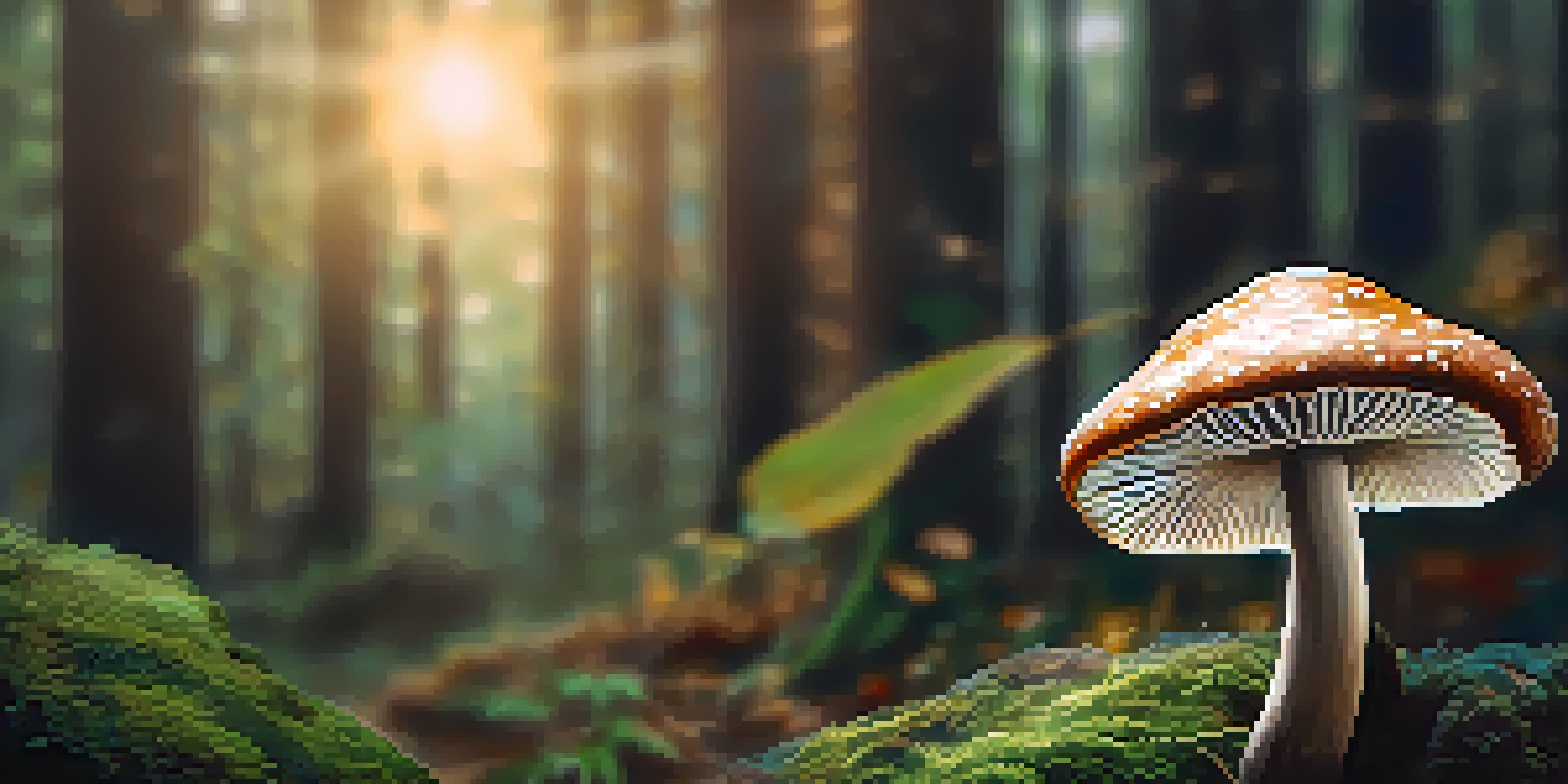A detailed close-up of a hand holding a psilocybin mushroom in a forest setting.