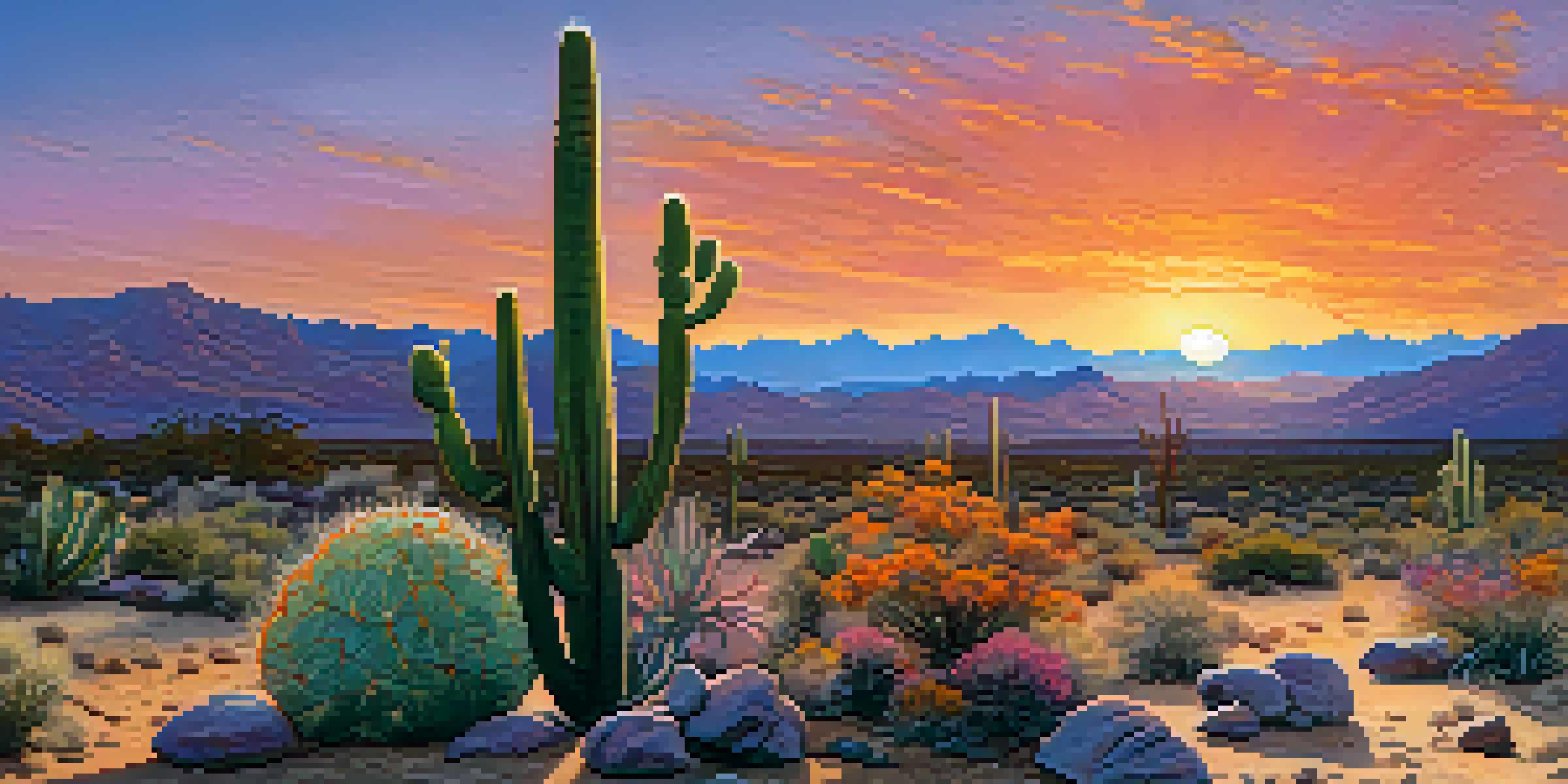 A peaceful desert scene with a peyote cactus in the foreground, surrounded by rocks and desert flora under a colorful sunset sky.