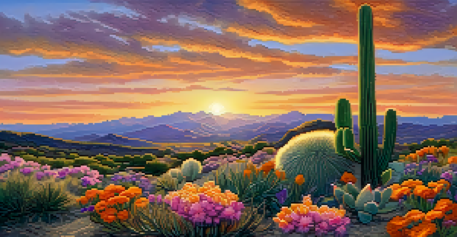 A peyote cactus in bloom during sunset, with a colorful sky and wildflowers in the foreground.
