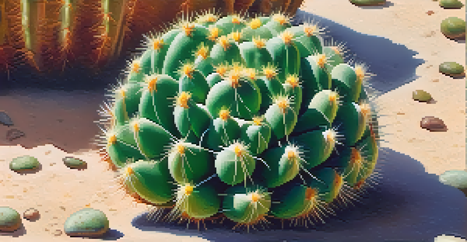A detailed close-up of a peyote cactus displaying its green color and white spines in soft natural light.
