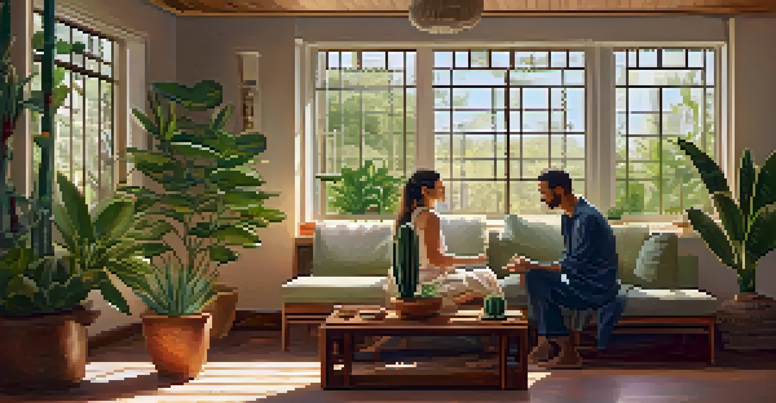 A therapy session with a client holding a peyote cactus in a cozy room.