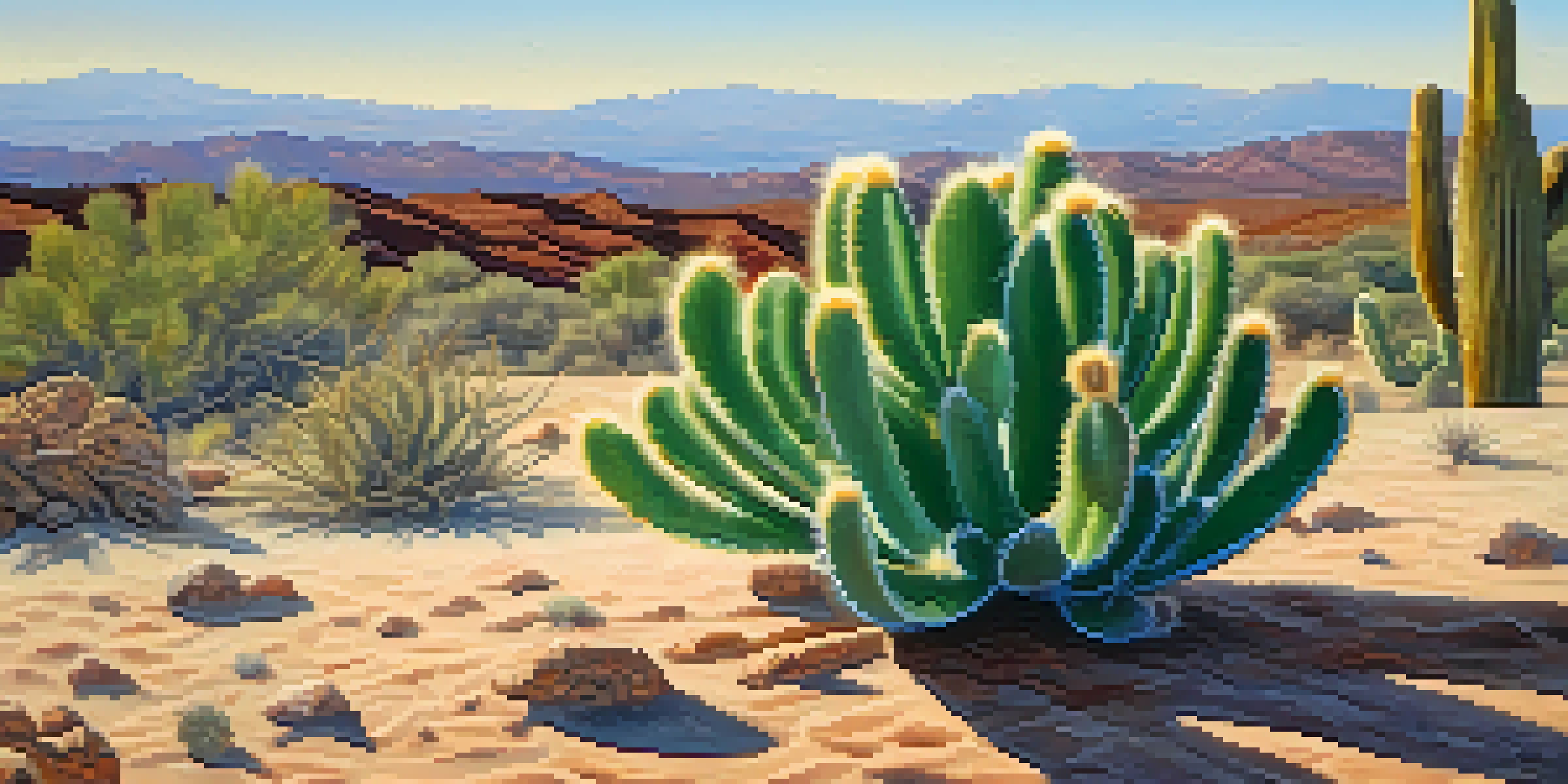 A close-up image of a peyote cactus with a textured surface in a desert setting, surrounded by blurred hills and a blue sky.