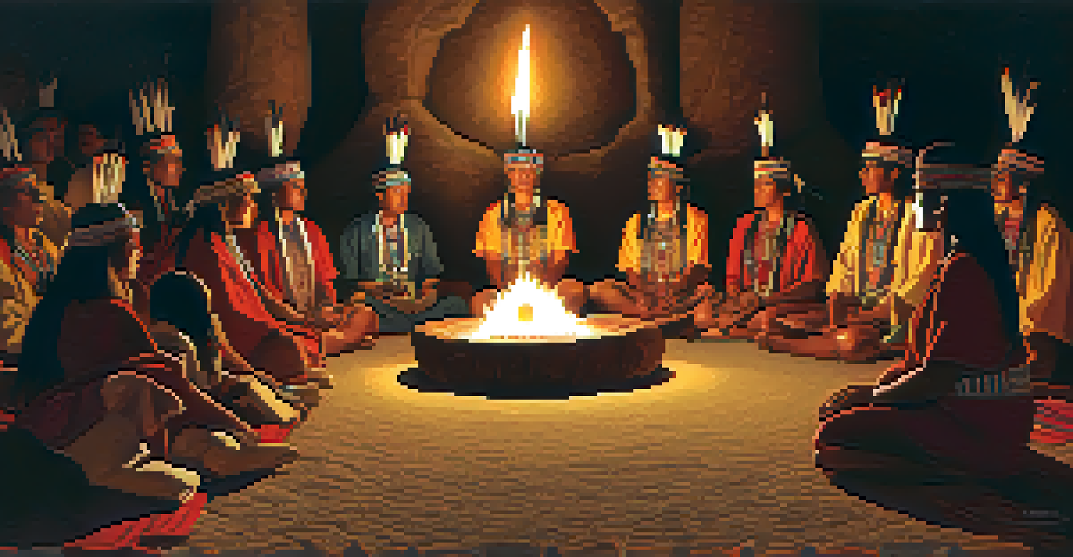 A Native American ceremony featuring participants in traditional attire, illuminated by candlelight, with ceremonial objects visible.