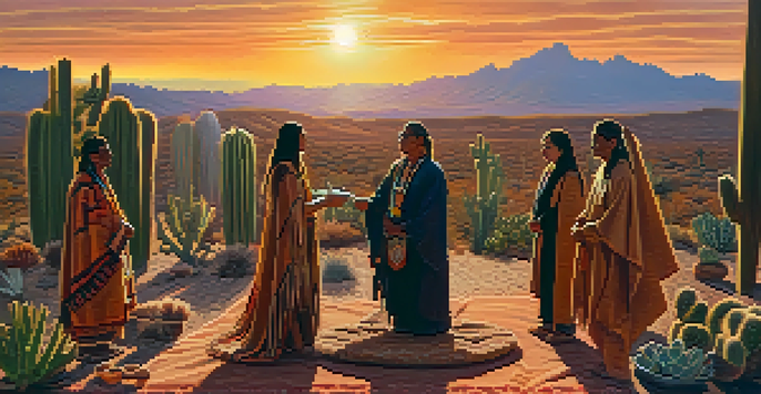 A group of Native Americans in traditional attire participating in a serene ceremony outdoors at sunset, surrounded by peyote cacti.