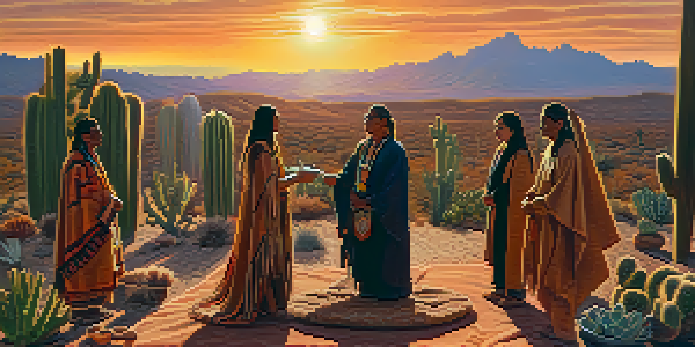 A group of Native Americans in traditional attire participating in a serene ceremony outdoors at sunset, surrounded by peyote cacti.