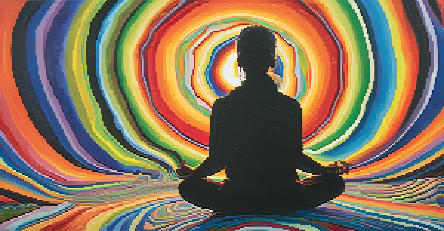 An abstract representation of the peyote experience with colorful swirls and a silhouette of a meditative figure.