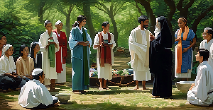 A diverse group of individuals engaged in a mourning ritual outdoors, surrounded by greenery and soft sunlight, sharing stories and holding symbolic objects.