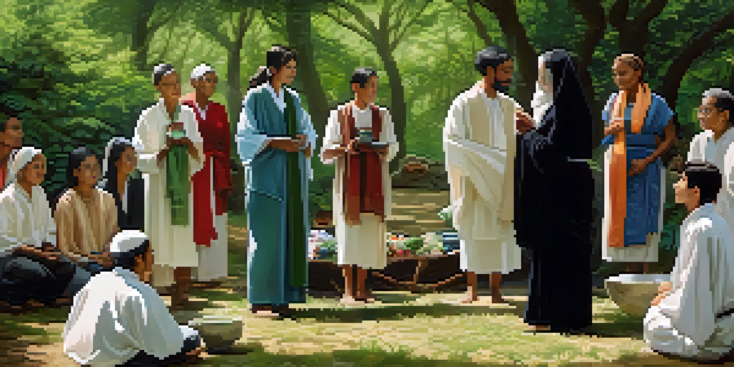 A diverse group of individuals engaged in a mourning ritual outdoors, surrounded by greenery and soft sunlight, sharing stories and holding symbolic objects.