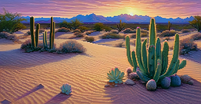 A quiet desert scene at sunset with a peyote cactus in the foreground, surrounded by sand and a colorful sky.