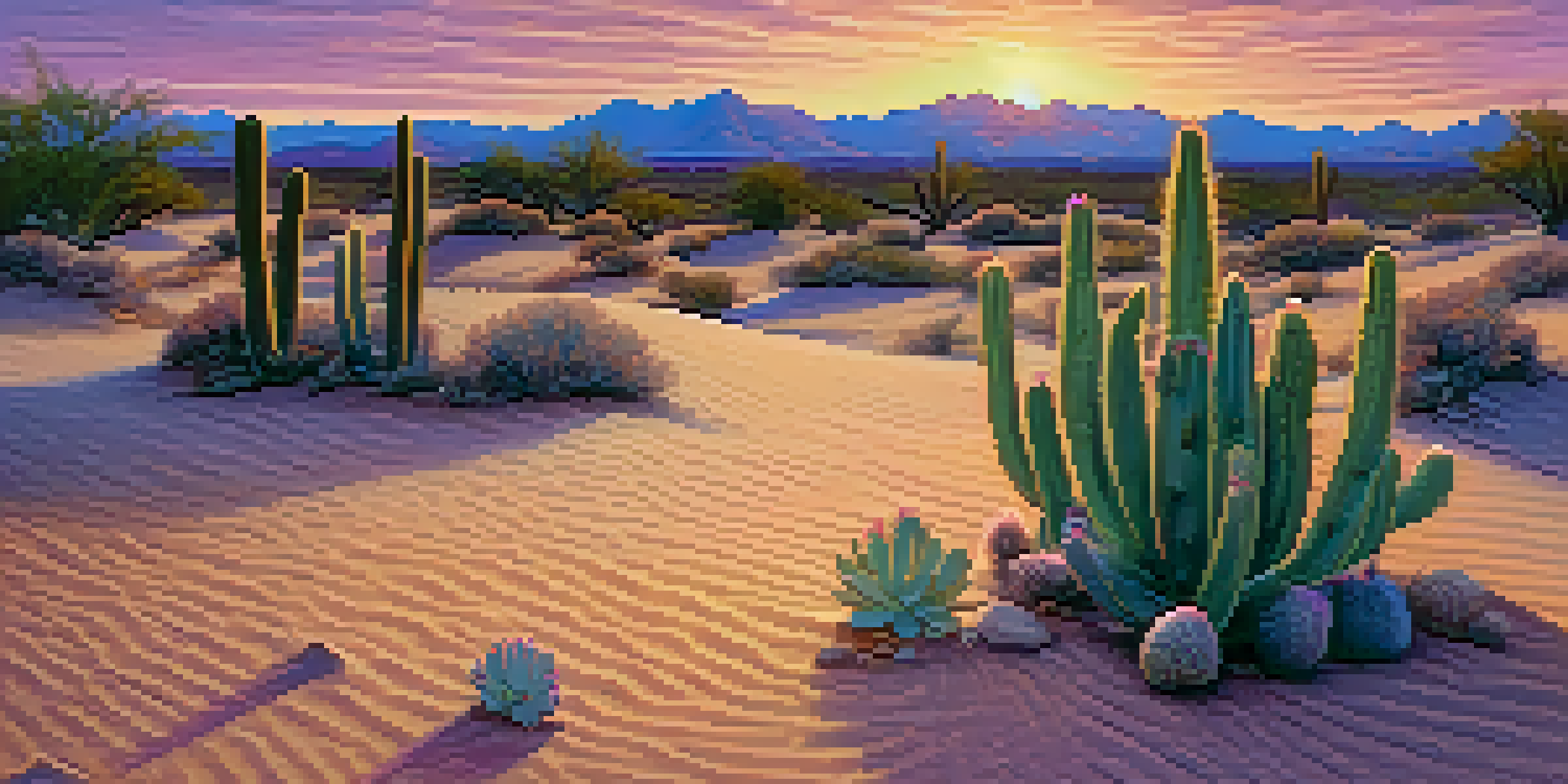 A quiet desert scene at sunset with a peyote cactus in the foreground, surrounded by sand and a colorful sky.