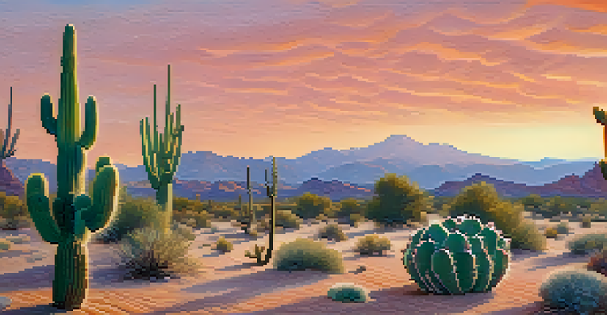 A tranquil desert scene featuring a Peyote cactus at sunrise, with soft orange and pink skies in the background.