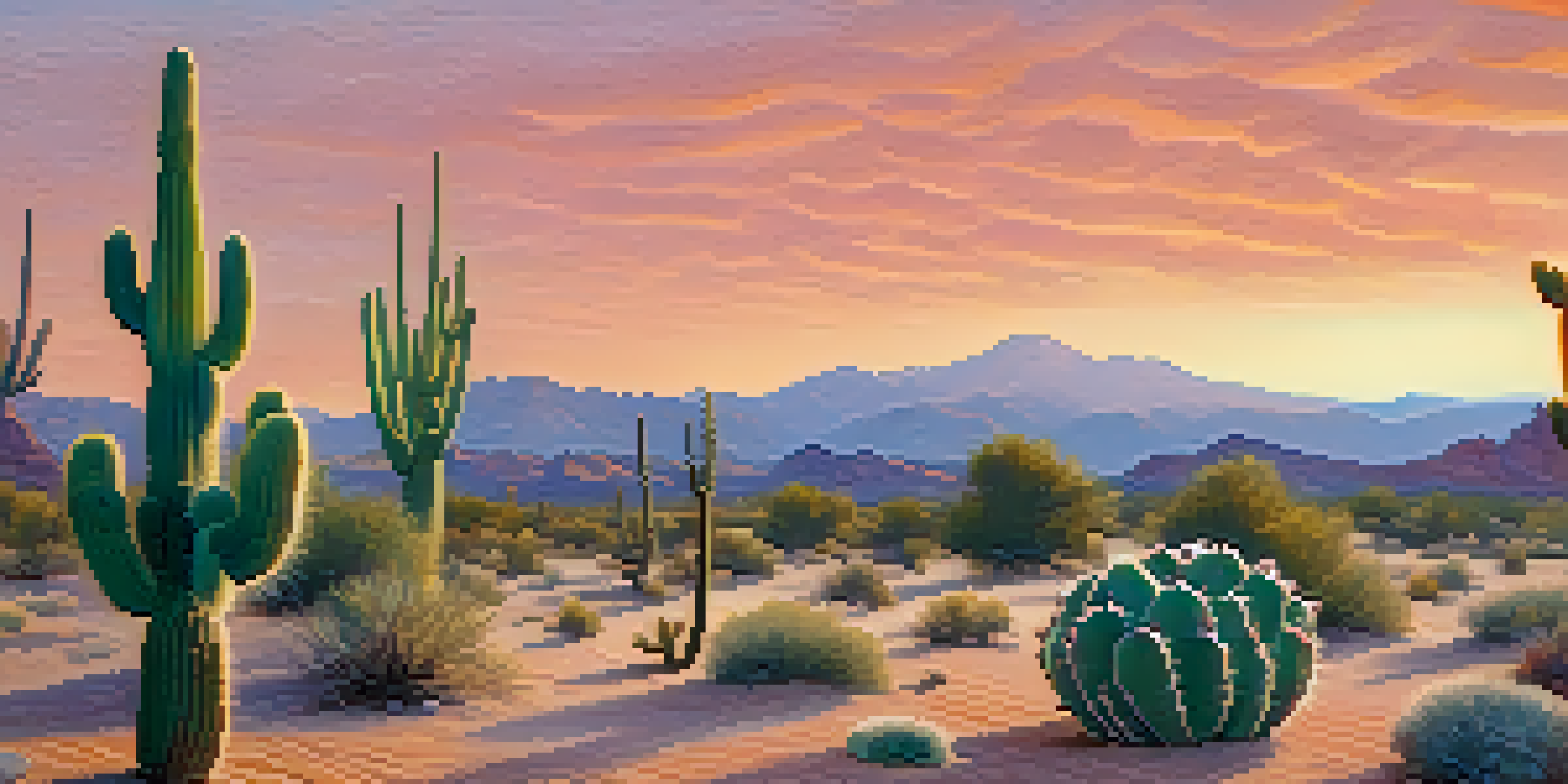 A tranquil desert scene featuring a Peyote cactus at sunrise, with soft orange and pink skies in the background.