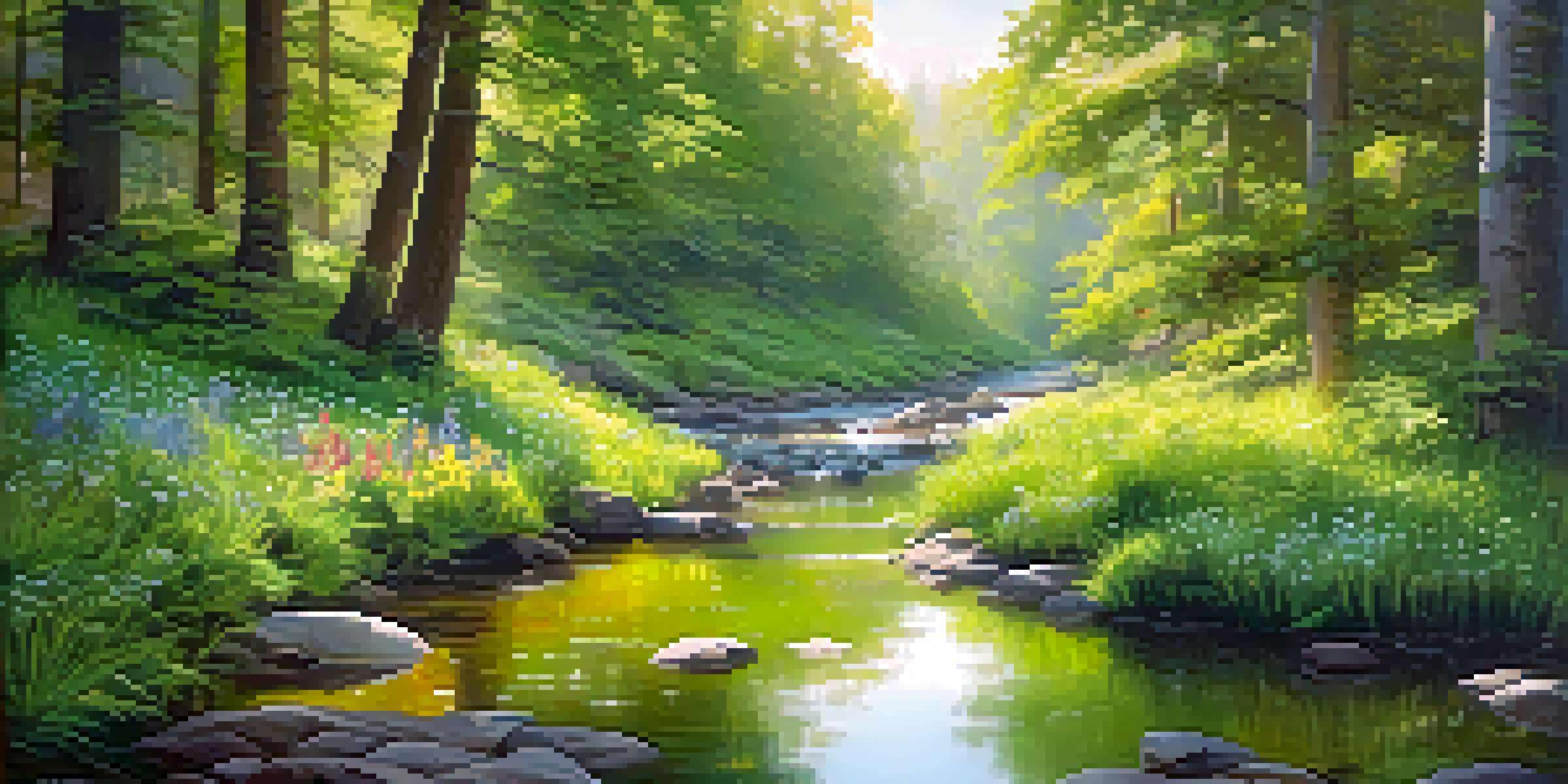 A peaceful forest with sunlight shining through the trees, a stream flowing, and wildflowers in the foreground.