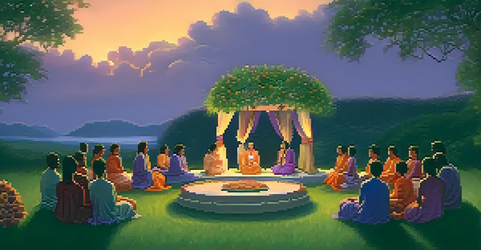 A peaceful outdoor peyote ceremony with participants in a circle, soft grass, an altar with flowers, and a colorful sunset sky.