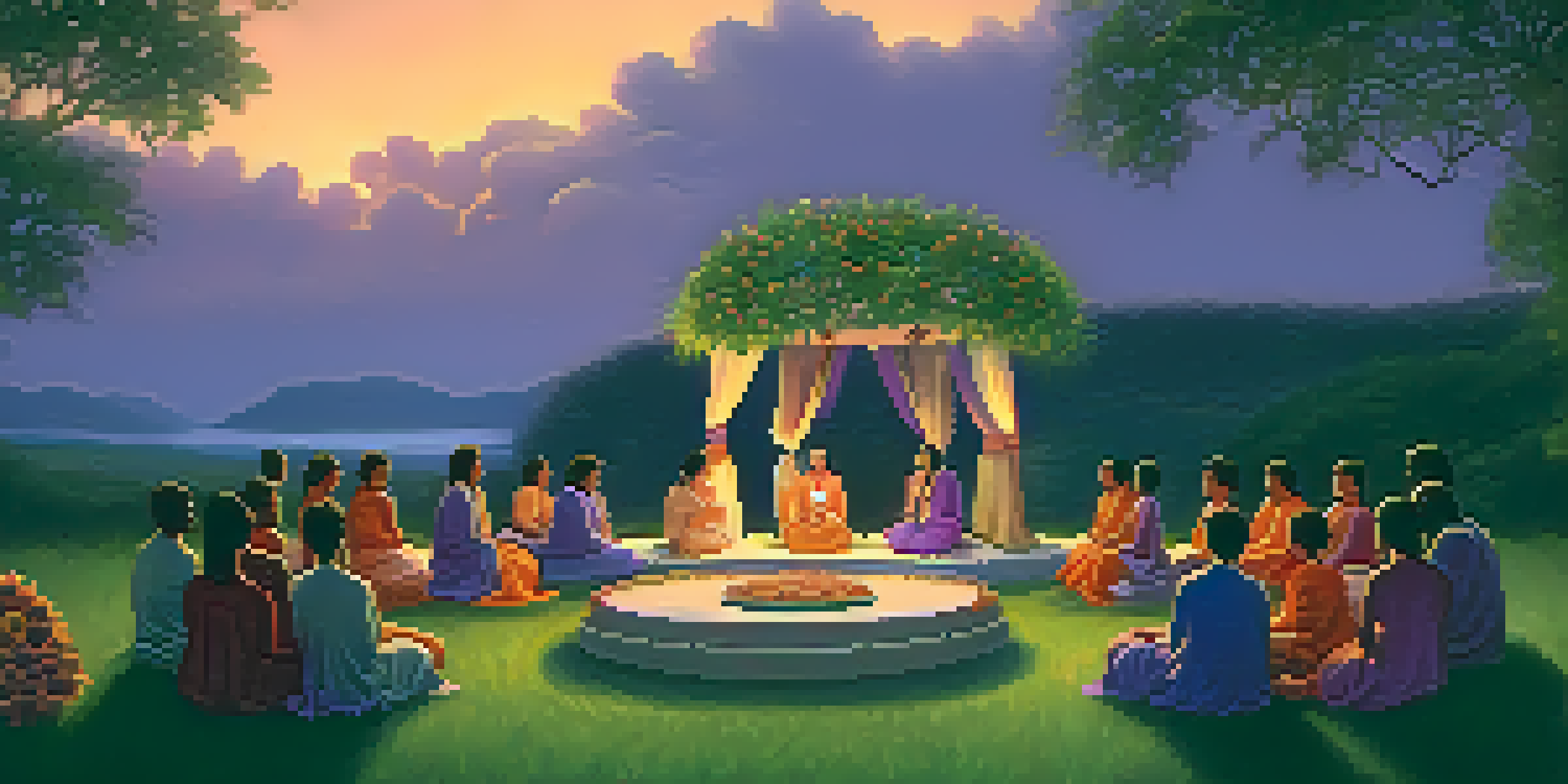 A peaceful outdoor peyote ceremony with participants in a circle, soft grass, an altar with flowers, and a colorful sunset sky.