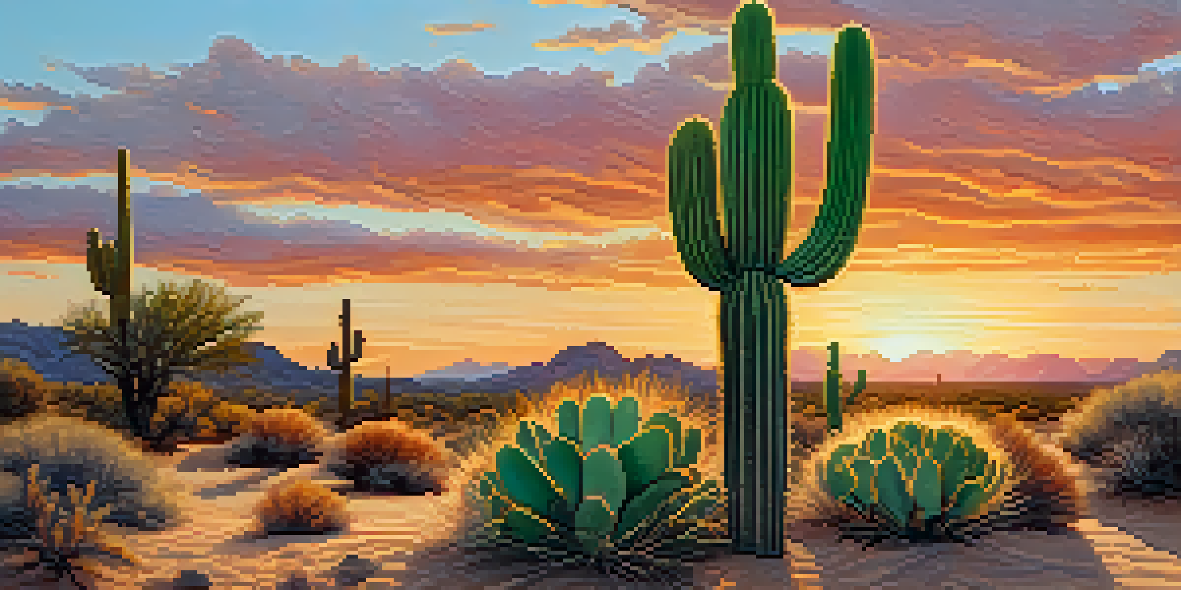 A small peyote cactus in a desert setting during sunset, surrounded by various desert plants and rocks.