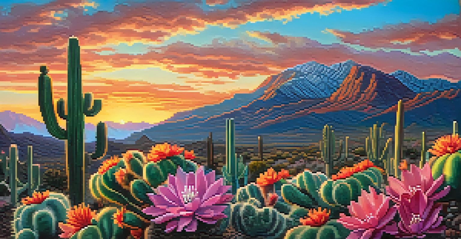 A close-up of a blooming Peyote cactus with colorful flowers set against mountains and a sunset sky, emphasizing the beauty and tranquility of the scene.