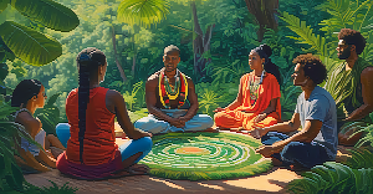 A diverse group of people in a circle participating in a peyote ceremony in a lush green environment.